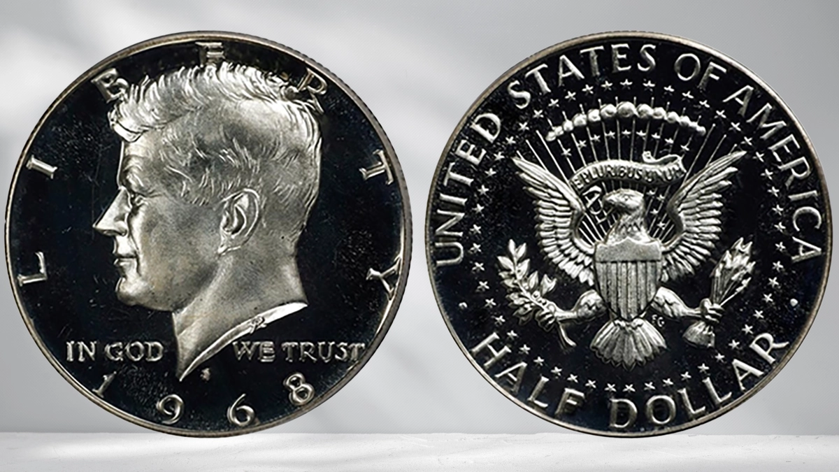 1968 Kennedy half dollar obverse showing JFK portrait with D mint mark below neck and reverse showing presidential eagle