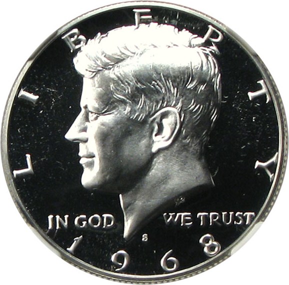Close-up of 1968-S Kennedy half dollar Inverted Mintmark FS-511 showing S mint mark with large loop facing upward