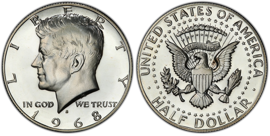 1968-S Kennedy half dollar proof in Deep Cameo condition showing bold frosted devices against mirror-like fields