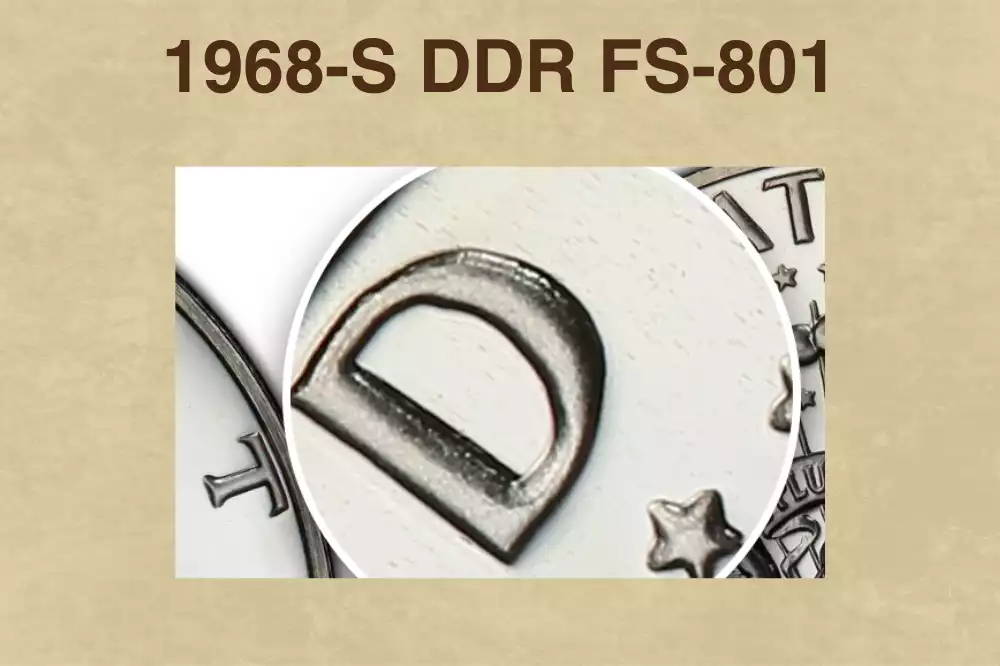 Close-up of 1968-S Kennedy half dollar reverse showing DDR FS-801 doubled die reverse doubling on eagle design elements