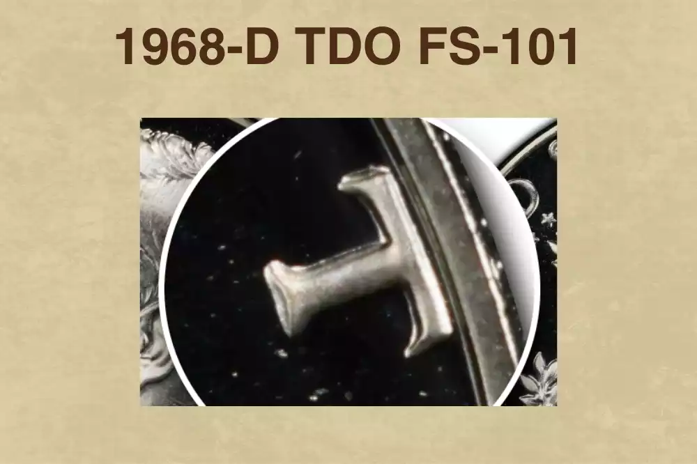Close-up of 1968-D Kennedy half dollar obverse showing Tripled Die Obverse FS-101 tripling on IN GOD WE TRUST motto lettering